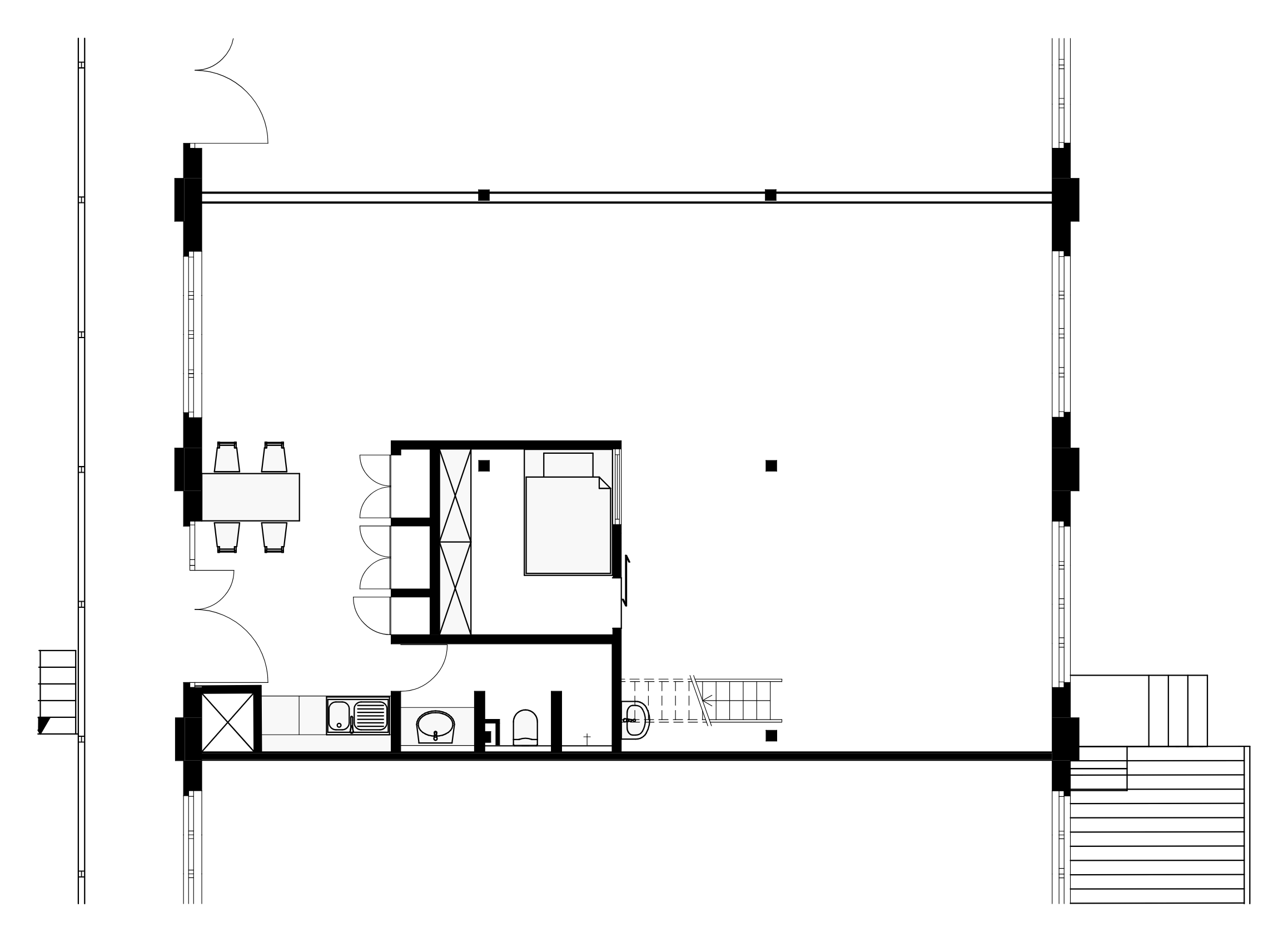 Grundriss des Ateliers mit Wohnbereich, Küche und Bad